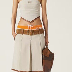 3 Piece Miu Miu Set-Pleated Cotton Canvas Skirt and Crop-Top with Leather Belt